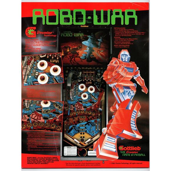 Robo War Pinball FLYER Original Two Sides 8.5" x 11" Space Age Sci-Fi Retro 1988 - Picture 2 of 2